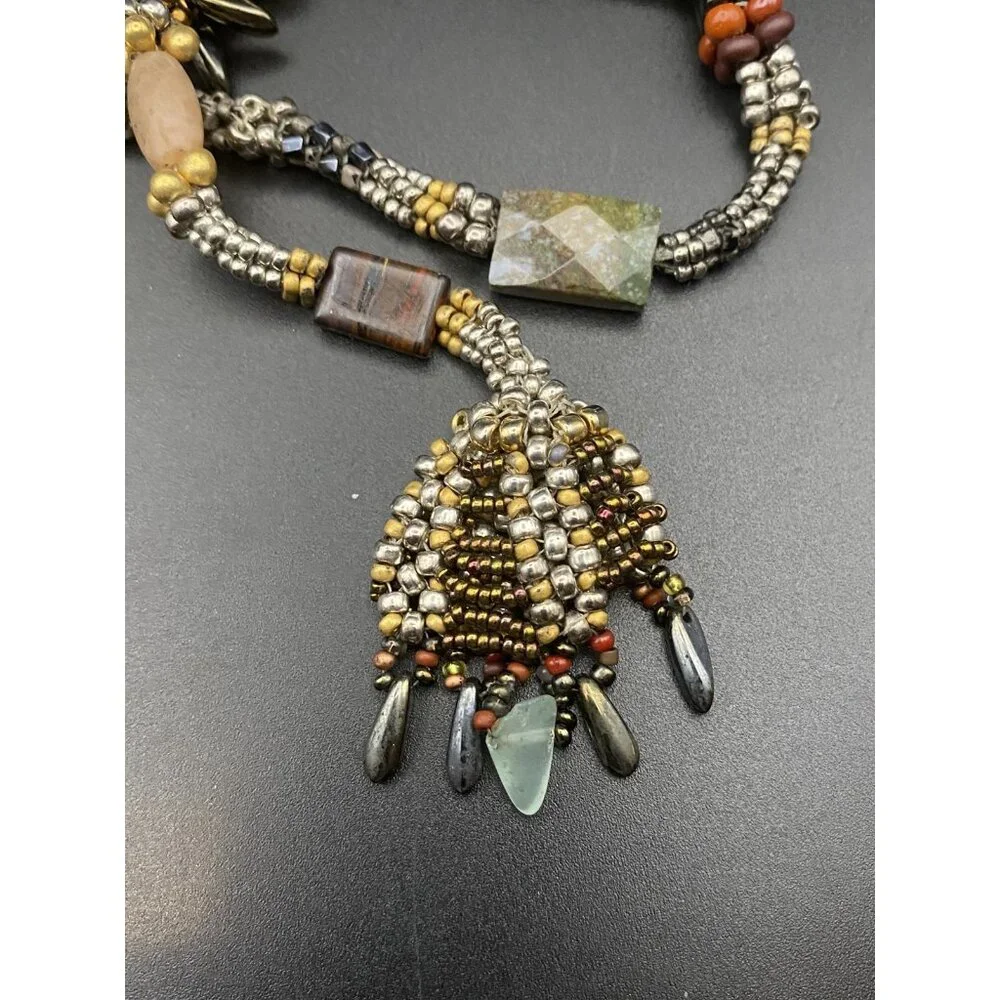 Artisan  Necklace Boho Natural Stone Shell Glass Bead Antiqued Bronze Toggle 38" - Picture 12 of 13